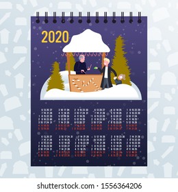 father with daughter buying lollipop candy in sweetmeats stall christmas market winter fair concept 2020 moon calendar full length sketch vector illustration