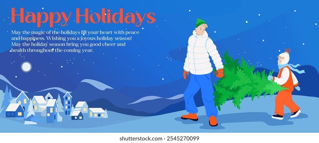 Father and daughter are carrying a Christmas tree in the winter background of mountains and a village with lights and other Christmas decorations. There is a banner, flyer, poster, or invitation card