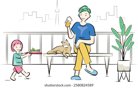 Father, daughter and cat relaxing on the balcony (terrace) of their home drinking beer | Family series