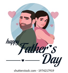 Father and daughter celebrate Happy Father's Day. Image of happy father and child for greeting card, banner, flyer, cards on white background surrounded by hearts. Stock vector illustration.