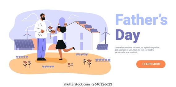 Father and daughter celebrating Father's Day outdoors modern eco houses solar panels wind turbines flowers flat web banner