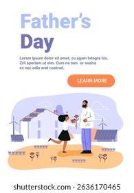Father and daughter celebrating holiday outdoors renewable energy eco houses wind turbines flowers modern flat design landing page