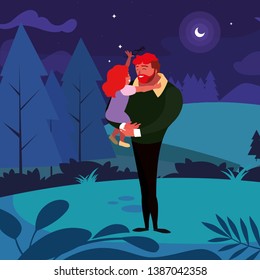 father with daughter characters in the field at night