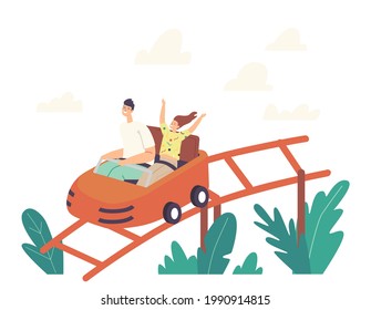 Father and Daughter Characters Riding Roller Coaster in Amusement Park, Fun Fair Carnival Weekend Family Activity, Extreme Leisure Recreation, Summer Vacation Relax. Cartoon People Vector Illustration