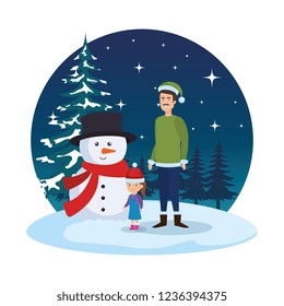 father and daughter with christmas clothes in snowscape