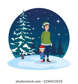 father and daughter with christmas clothes in snowscape