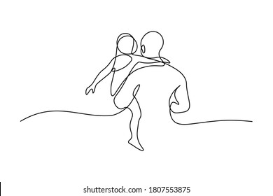 Father with daughter in continuous line art drawing style. Back view of strong dad holding his little female child black linear sketch isolated on white background. Vector illustration