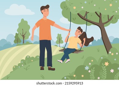 Father and daughter in the countryside, riding on swings, the father swings his daughter in park. Family cute illustration against a spring and summer landscape. Vector illustration in flat style.