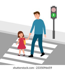 Father with daughter crossing the road at crosswalk with traffic light vector illustration. Dad and child walking together in city road in flat design.