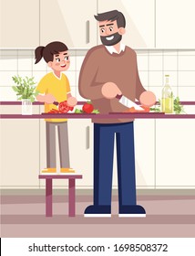 Father And Daughter Cutting Vegetables Together Semi Flat Vector Illustration. Daddy And Female Kid, Family Members Making Salad, People Preparing Dinner 2D Cartoon Characters For Commercial Use