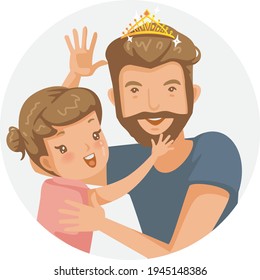 Father and daughter. Dad with cute daughter wearing a crown glittering on her father's head for carnival. Handsome young man is surprised. Design a greeting card for Father's, Children's day