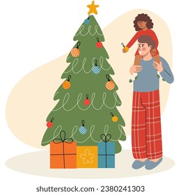 Father and daughter decirated Christmas tree.  Lifestyle people at holiday concept. Dad and daughter together.