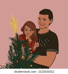 Father and daughter decorating Christmas tree. Dad and child put xmas star on top of the tree. Concept of Family time on Winter holidays. Cute flat illustration for card, poster, packing, web design