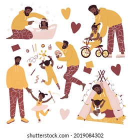 Father and daughter in different situations. Playing, washing, walking, drawing, educating. Flat style in vector illustration. Family day, child education, single father, black skin people. Isolated.