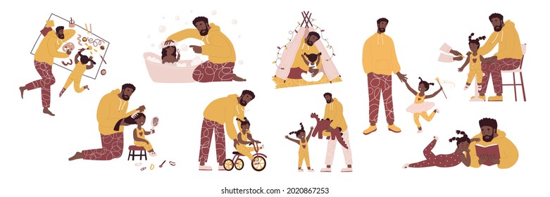 Father and daughter in different situations. Playing, washing, walking, drawing, educating, reading, combing hairs, vaccinate. Vector illustration. Family day, single father, black skin. Isolated.