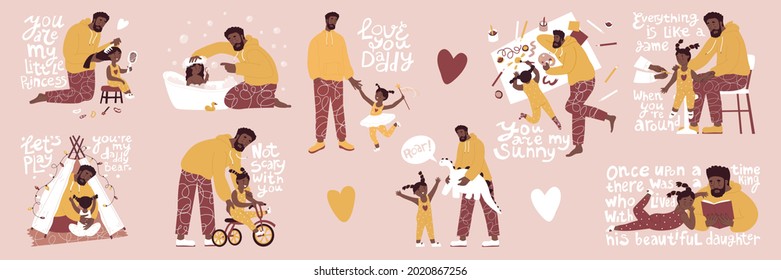 Padre e hija en diferentes situaciones. Jugar, lavar, caminar, dibujar, educar, leer, peinar, vacunar. Ilustración vectorial. Día de la familia, padre soltero, piel negra. Aislado.