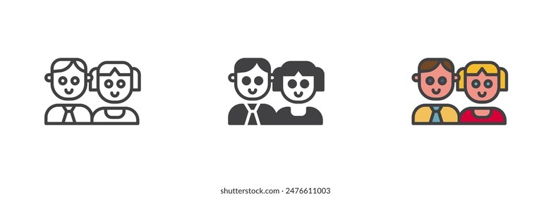 Father and daughter different style icon set. Line, glyph and filled outline colorful version, outline and filled vector sign. Man and girl symbol, logo illustration. Vector graphics