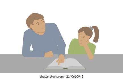 Father and daughter are doing homework. Parent with a child is reading a book.