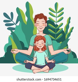 Father and daughter doing yoga in the garden. Family yoga vector illustration. Summer landscape background