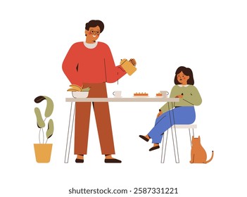 father with daughter drink tea with cake at home. man making coffee on the kitchen in the morning and listen storytelling from small girl. Family communication and bonds. vector