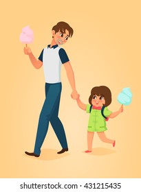 Father and daughter eat candyfloss, Vector illustration.