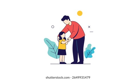 Father and daughter embrace with gentle affection and care in a sunny outdoor setting