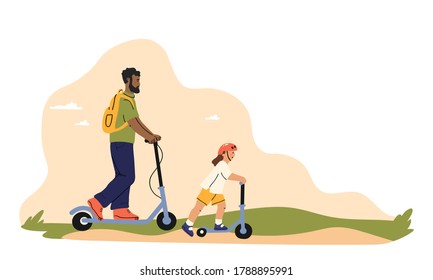 Father and daughter enjoying scooter ride. Family spending time together. Positive friendly outdoor recreation or fun. Vector flat style cartoon illustration
