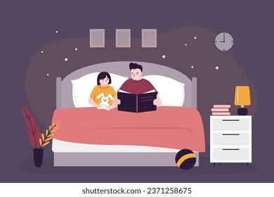 Father with daughter family time. Dad character reading bedtime fairytale story book to little baby girl in bed for good night sleep. happy family fatherhood. Bedroom interior. vector illustration