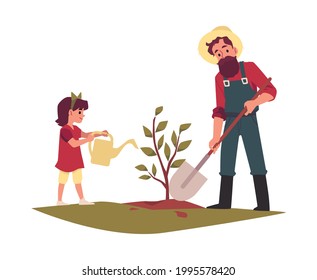 Father and daughter farmers planting tree together, flat vector illustration isolated on white background. Family farming and family business, entrepreneurship concept.