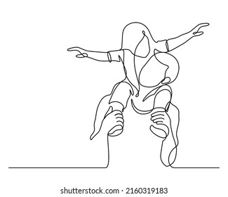 father and daughter in flying plane action pose line art vector illustration. One line drawing and continuous style