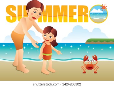 Father and daughter found a crab on the beach