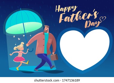 Father and daughter friendly walk under an umbrella daughter. Father's Day is. Vector stock illustration. Greeting card, web banner of Happy Father's Day.