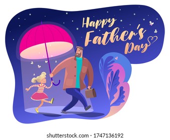 Father and daughter friendly walk under an umbrella daughter. Father's Day is. Vector stock illustration. Greeting card, web banner of Happy Father's Day.