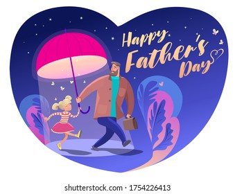 Father and daughter friendly walk under an umbrella daughter. Father's Day is. Vector stock illustration. Greeting card, web banner of Happy Father's Day.