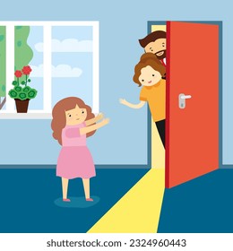 Father and daughter in front of the door. Vector illustration in flat style