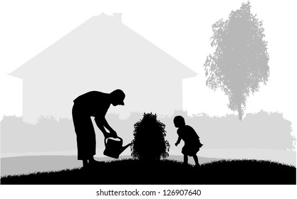 Father and daughter in the garden