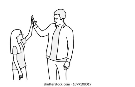 Father and daughter giving high-five. Hand drawn vector illustration.