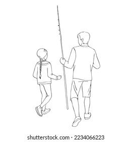 Father and daughter go fishing linear black and white drawing on a white background