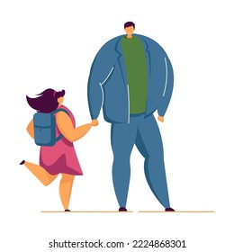 Father and daughter going for walk flat vector illustration. Cartoon characters standing on white background. Family, generation, parenthood concept