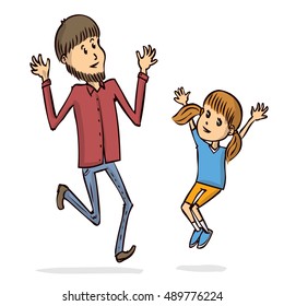 Father and daughter. Hand drawn cartoon vector illustration.