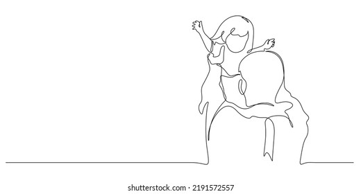 father with daughter in hands up in the air in continuous line drawing style vector illustration. 