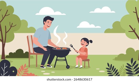 A father and daughter happily grill food together outdoors on a sunny day.
