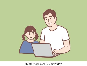 Father and daughter are happy and enthusiastically spending their free time using a laptop computer. Hand drawn style vector design illustrations.
