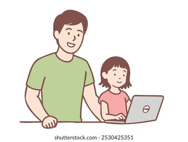 Vater und Tochter sind glücklich und verbringen ihre Freizeit mit einem Laptop. Handgezeichnete Vektordesign-Illustrationen.
