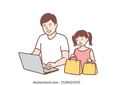 Father and daughter are happy and enthusiastically spending their free time using a laptop computer. Hand drawn style vector design illustrations.
