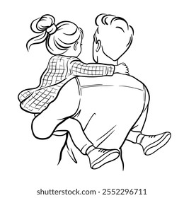 father with daughter. Happy loving family and Fathers Day. Vector illustration of family concept. Dad's birthday card. International men's day card. Outline, black and white