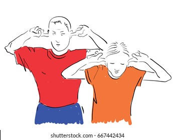 The father and daughter have plugged their ears with their fingers and do not want to listen. Illustration on the theme of the relationship of parents and family education