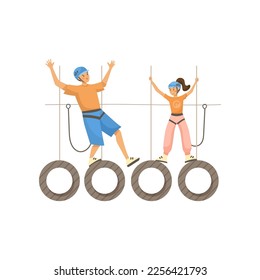 Father and daughter having fun on rope course illustration. Rope attraction, people having fun in park on white background. Outdoor activity, sports, entertainment concept