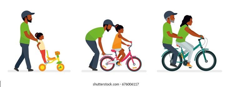 Father and daughter. Father helping daughter to ride a bike. The daughter takes the father on a bike. People generation. African American people. Happy family. Vector illustration flat cartoon style