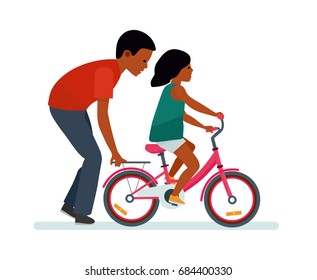 Father and daughter. Father helping daughter to ride a bike. White background. African American people. Happy family. Vector illustration flat cartoon style
